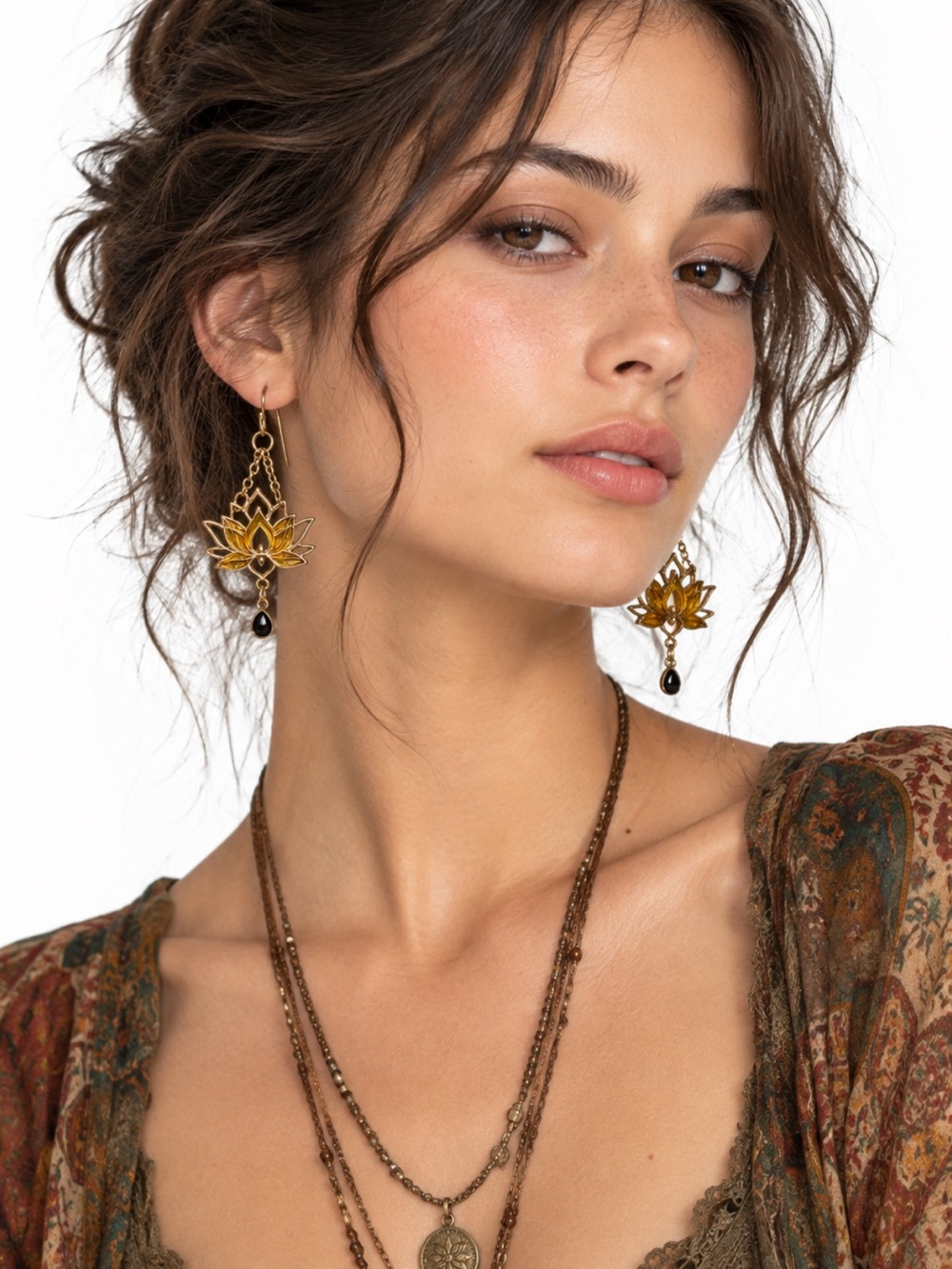 Gold Lotus Drop Earrings with Black Teardrop -Jewelry